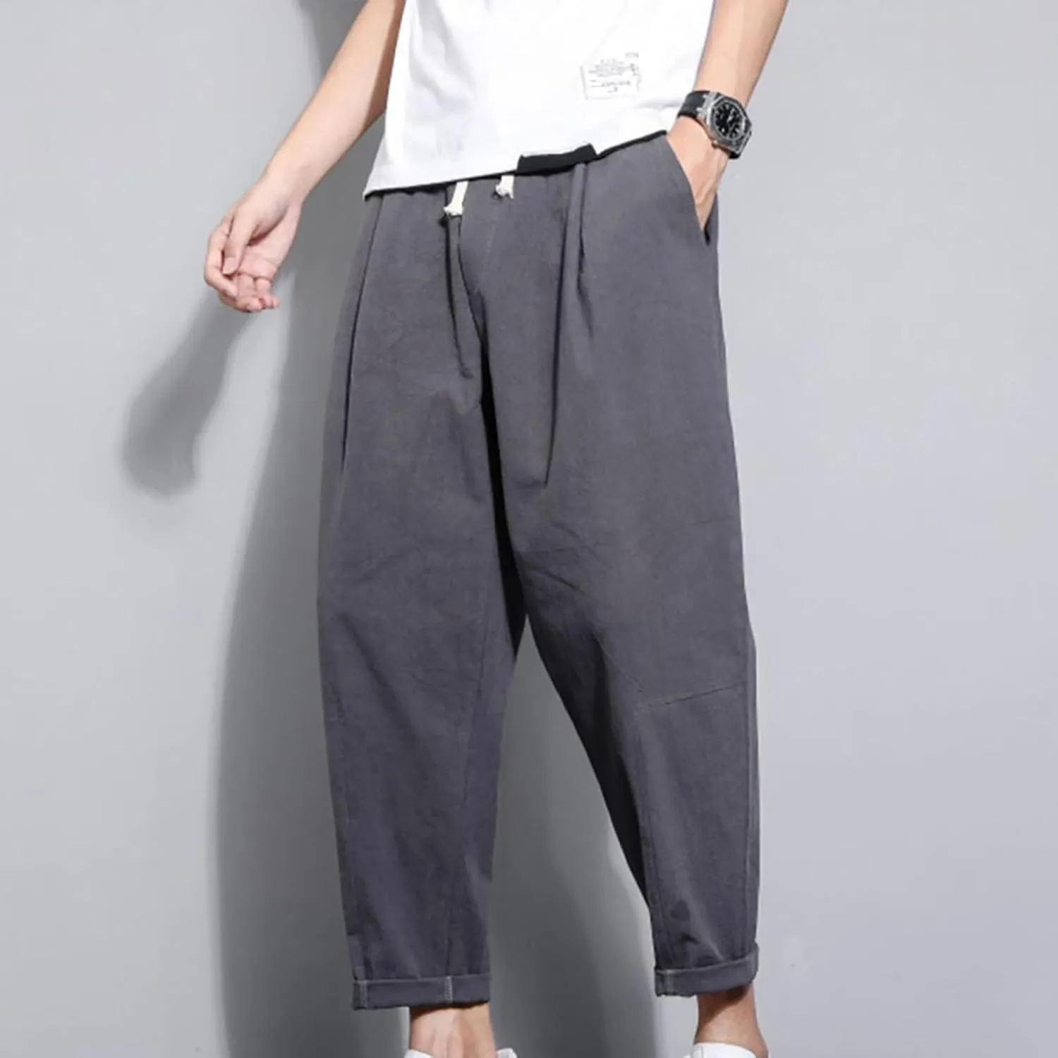 Casual Pants for Mens Linen Pants Drawstring Beach Pants Relaxed-Fit Yoga Pants Soft Elastic Waist Pants