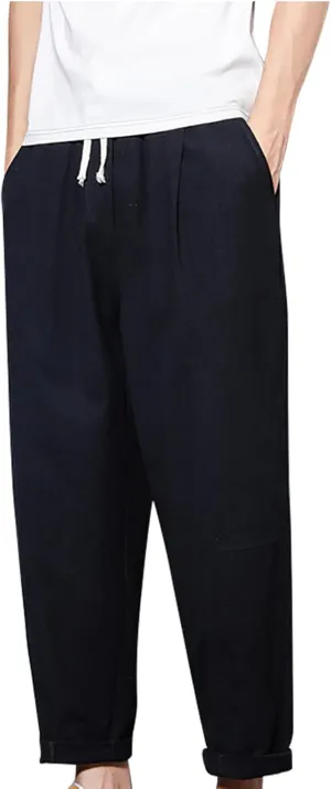 Casual Pants for Mens Linen Pants Drawstring Beach Pants Relaxed-Fit Yoga Pants Soft Elastic Waist Pants