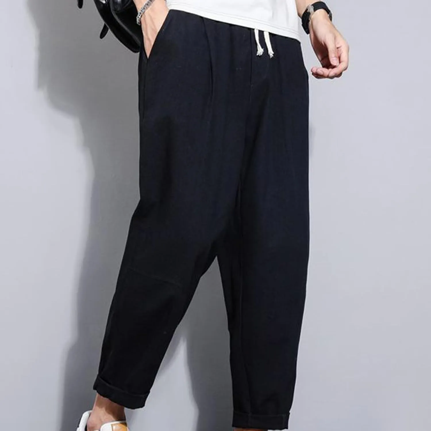 Casual Pants for Mens Linen Pants Drawstring Beach Pants Relaxed-Fit Yoga Pants Soft Elastic Waist Pants