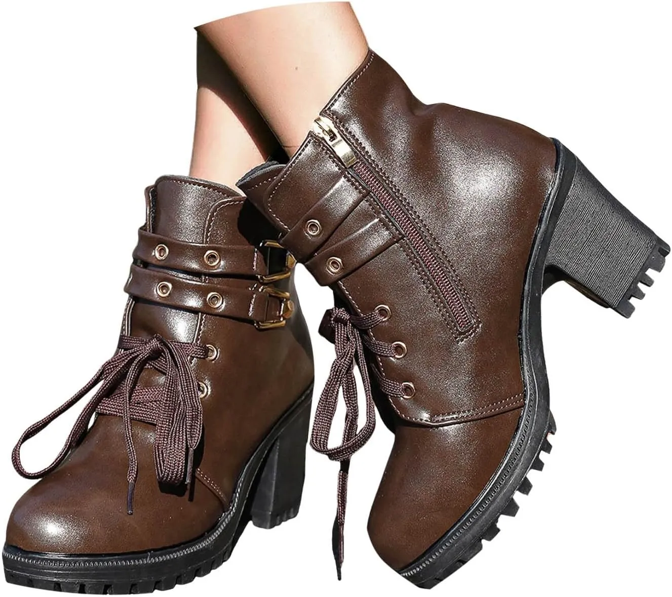 Cathalem Platform Boots for Women Black Chunky Boot Goth Ankle Booties Bead Lace Lolita Dress Shoes With Zipper