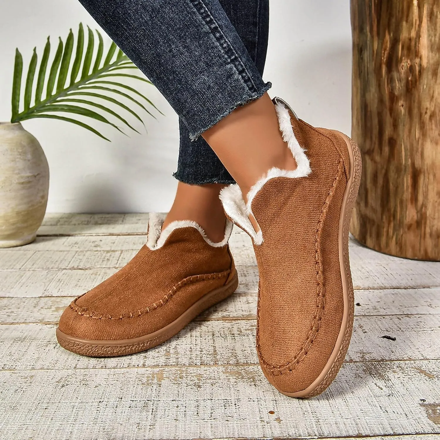 Cathalem Snow Boots for Women Winter Warm Booties Fur Lined Anti-Slip Ankle Boots Outdoor Slip On Booties Comfortable Warm Shoes