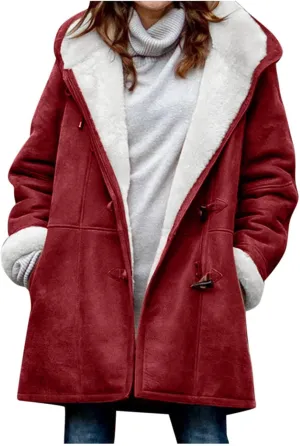 Ceboyel Women Fleece Winter Coats 2023 Sherpa Lined Suede Warm Jackets Hoodies Horn Buttons Long Coat Trendy Outfits Clothes Womens Winter Jacket Wine Xxxxxl