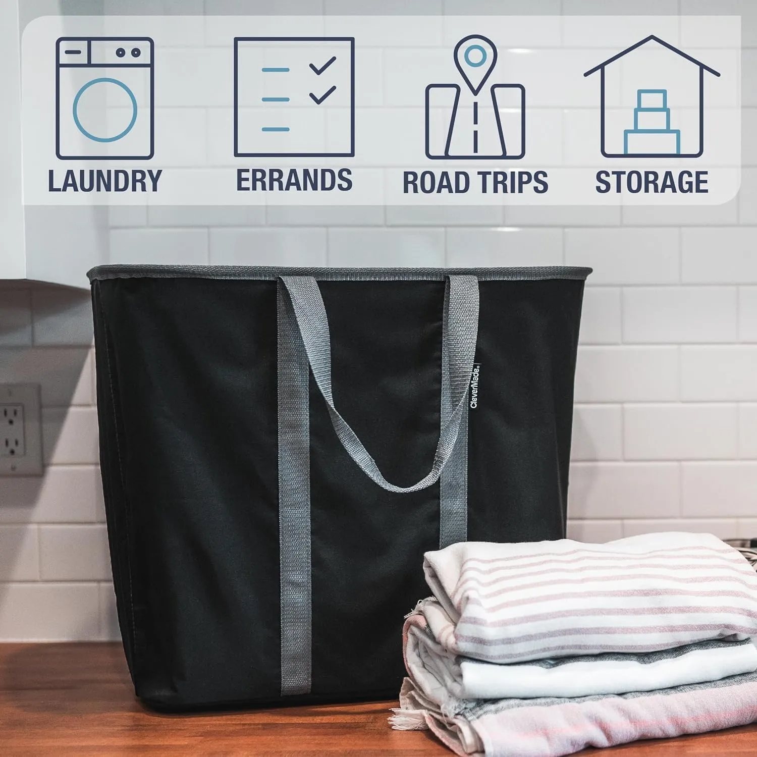 CleverMade Collapsible Laundry Caddy - Black Charcoal 2-Pack 64L - Foldable Storage Organization Container for Clothes Laundry Room Storage Solution