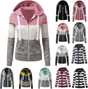 Color Block Zip Up Hoodies for Women Lightweight Thin Hooded Sweatshirt Long Sleeve Top with Pockets