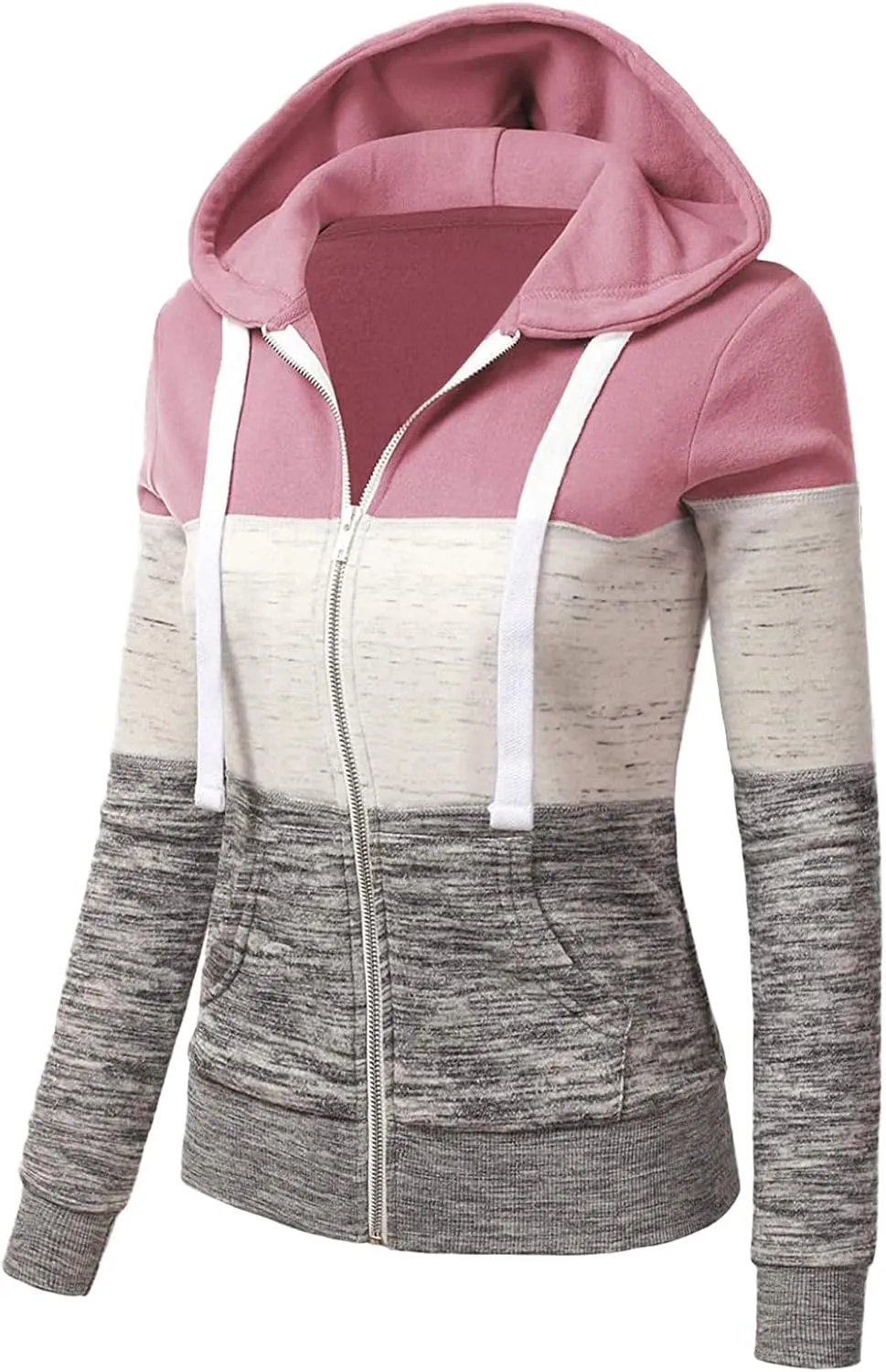 Color Block Zip Up Hoodies for Women Lightweight Thin Hooded Sweatshirt Long Sleeve Top with Pockets