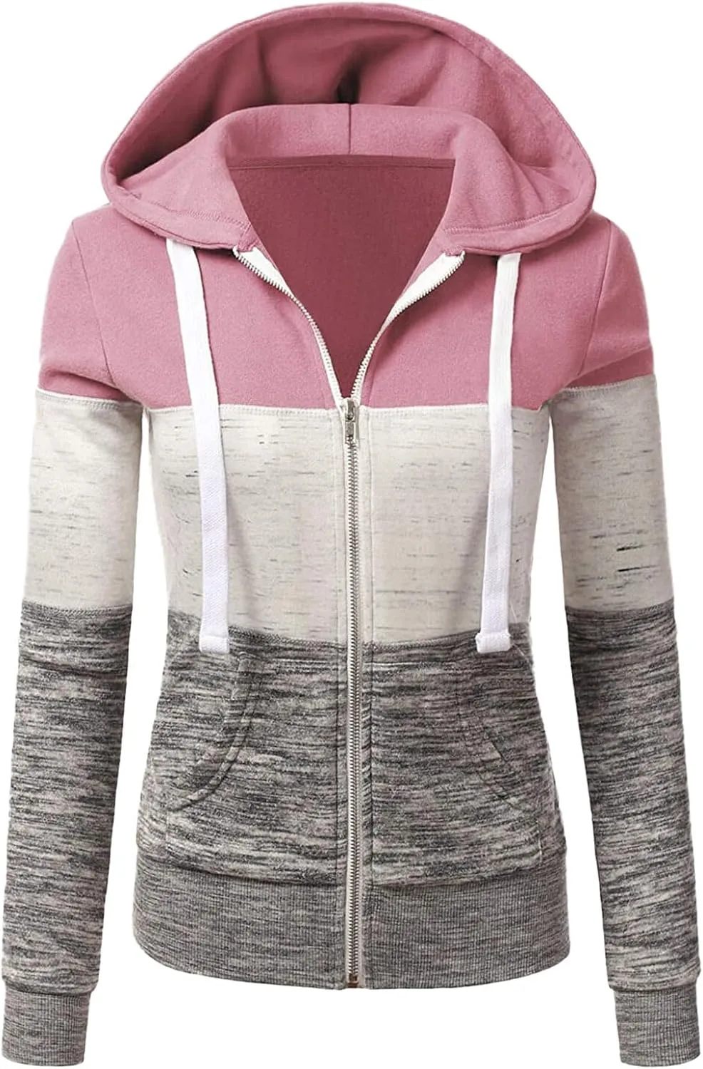 Color Block Zip Up Hoodies for Women Lightweight Thin Hooded Sweatshirt Long Sleeve Top with Pockets