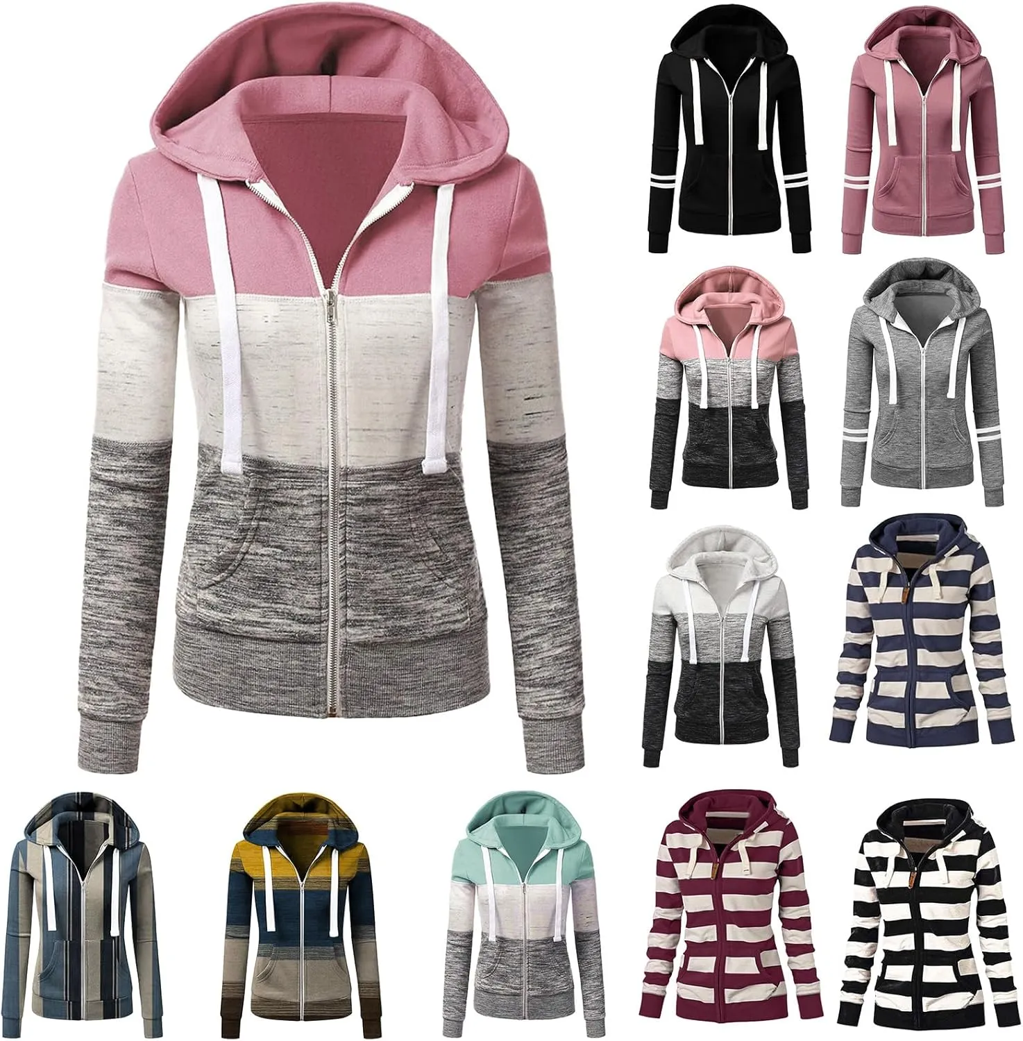 Color Block Zip Up Hoodies for Women Lightweight Thin Hooded Sweatshirt Long Sleeve Top with Pockets