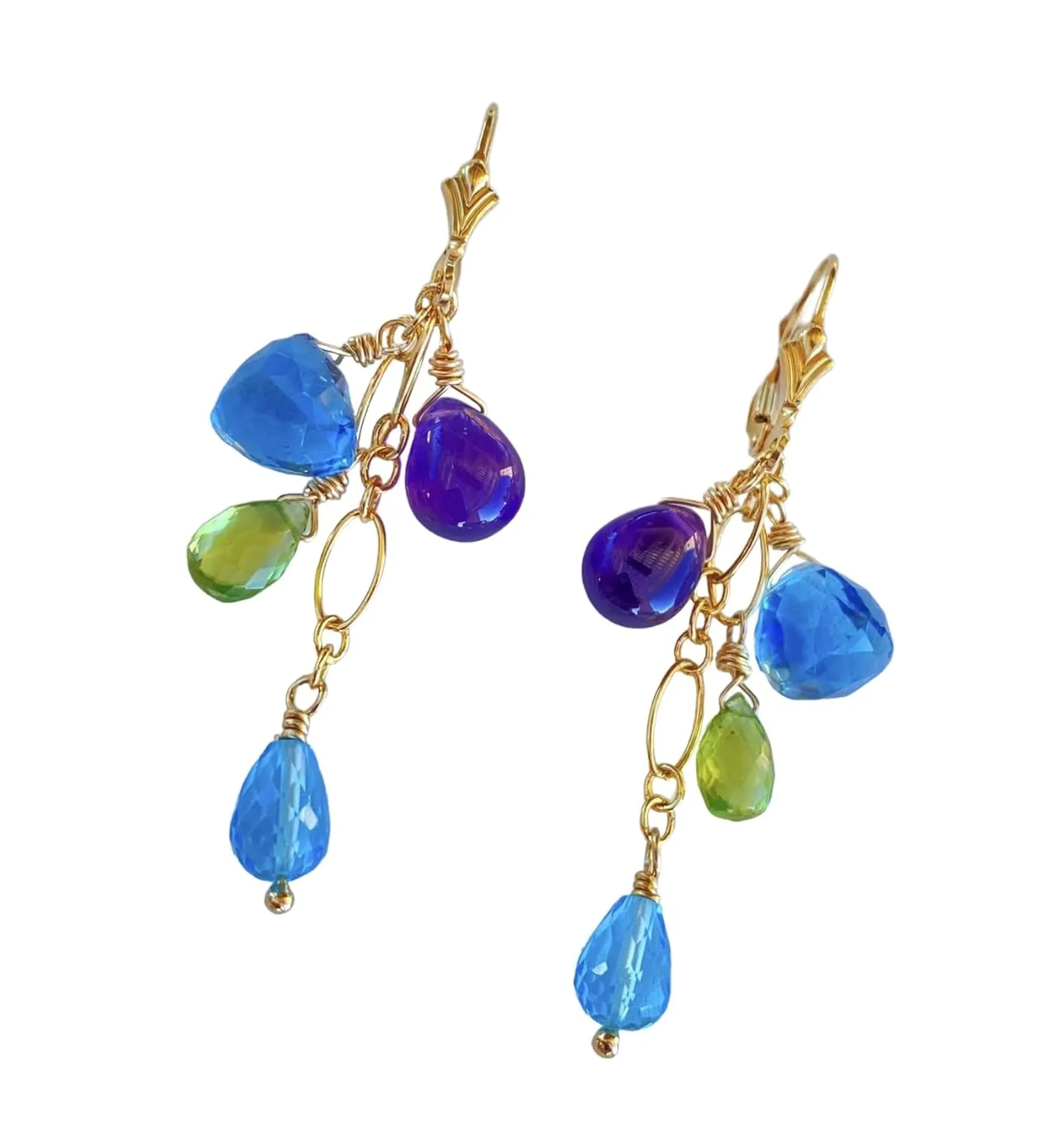Colorful Gemstone Chandelier Dangle Earrings For Women, Purple Amethyst, Blue Topaz, Green Peridot, Blue Quartz, 14K Gold Filled, Gifts For Mothers Day, Her, Women, Mom, Birthdays