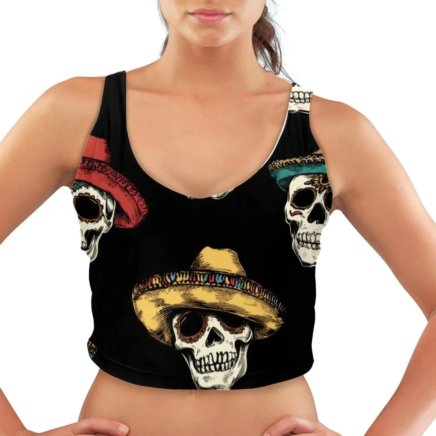 Colorful Hats Skulls Womens' Sports Bra, U Back Padded Sports Bra for Yoga Gym