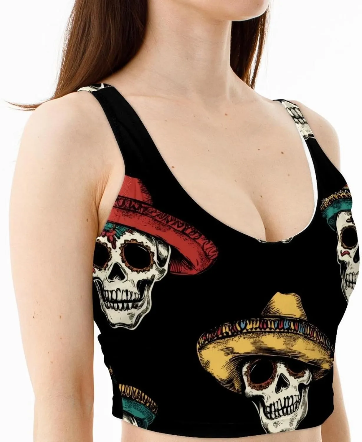 Colorful Hats Skulls Womens' Sports Bra, U Back Padded Sports Bra for Yoga Gym