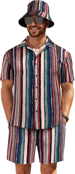 COOFANDY Men's Hawaiian Shirt and Short Set Flower 2-pieces Beach Outfit with Bucket Hats