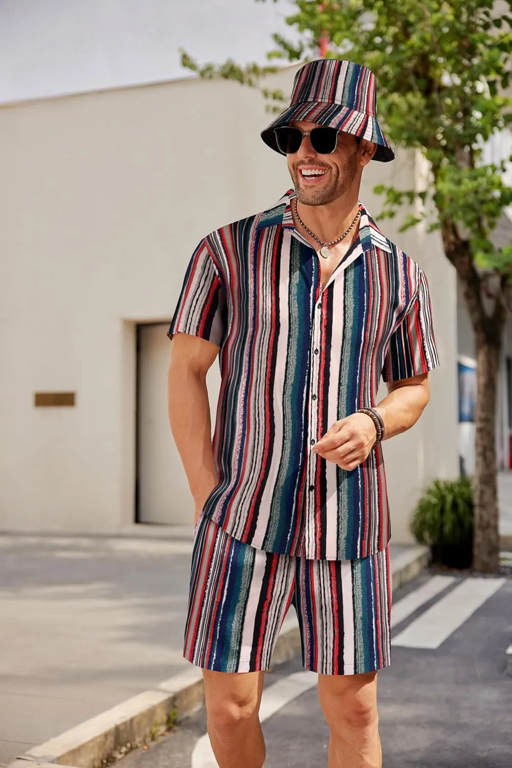 COOFANDY Men's Hawaiian Shirt and Short Set Flower 2-pieces Beach Outfit with Bucket Hats