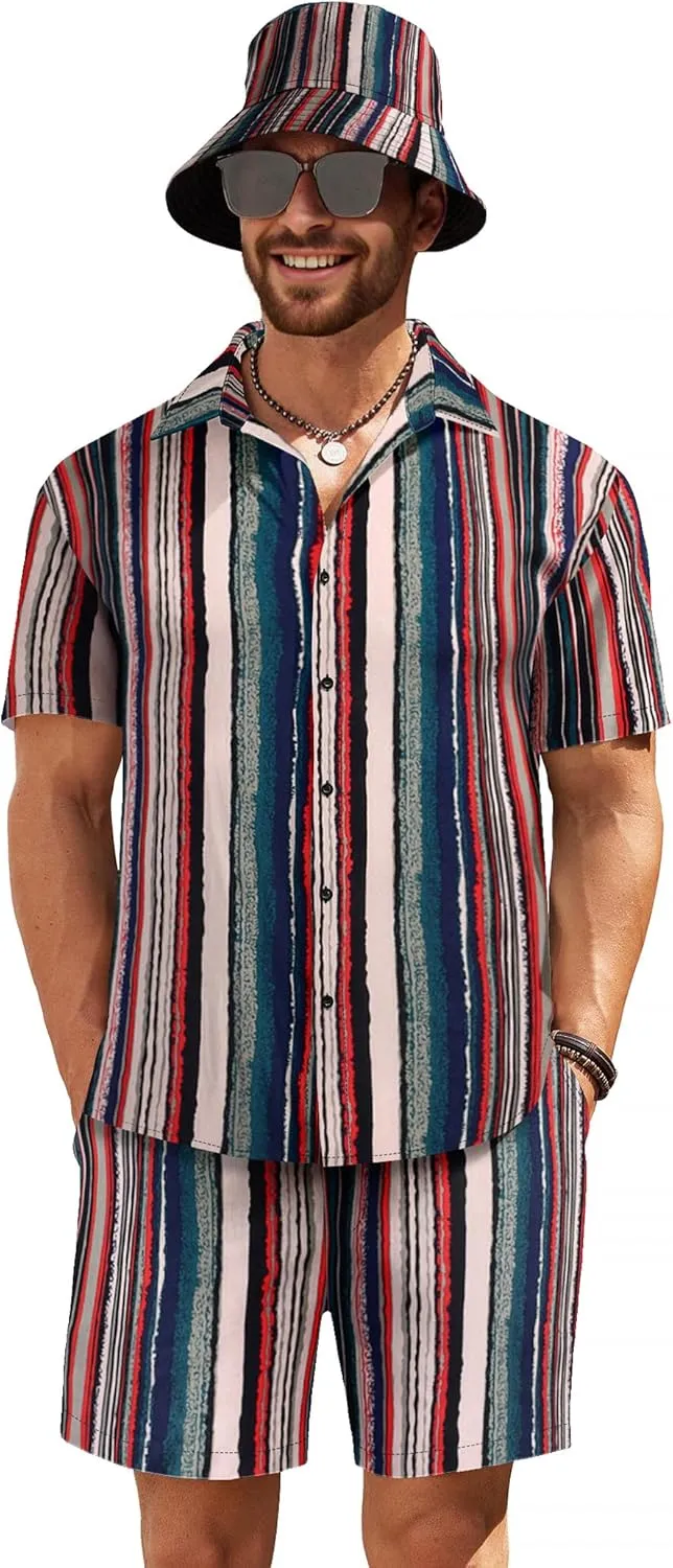 COOFANDY Men's Hawaiian Shirt and Short Set Flower 2-pieces Beach Outfit with Bucket Hats