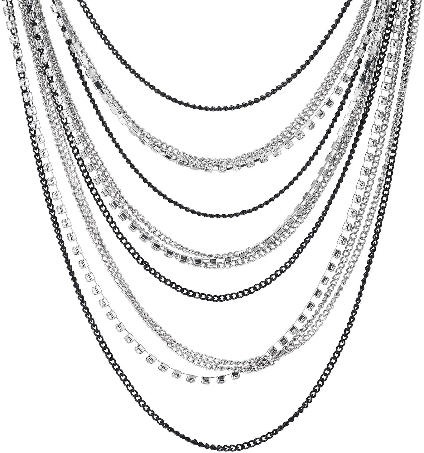 COOLSTEELANDBEYOND Waterfall Multi-Strand Chains Statement Collar Necklace with Rhinestones Chains, Dress