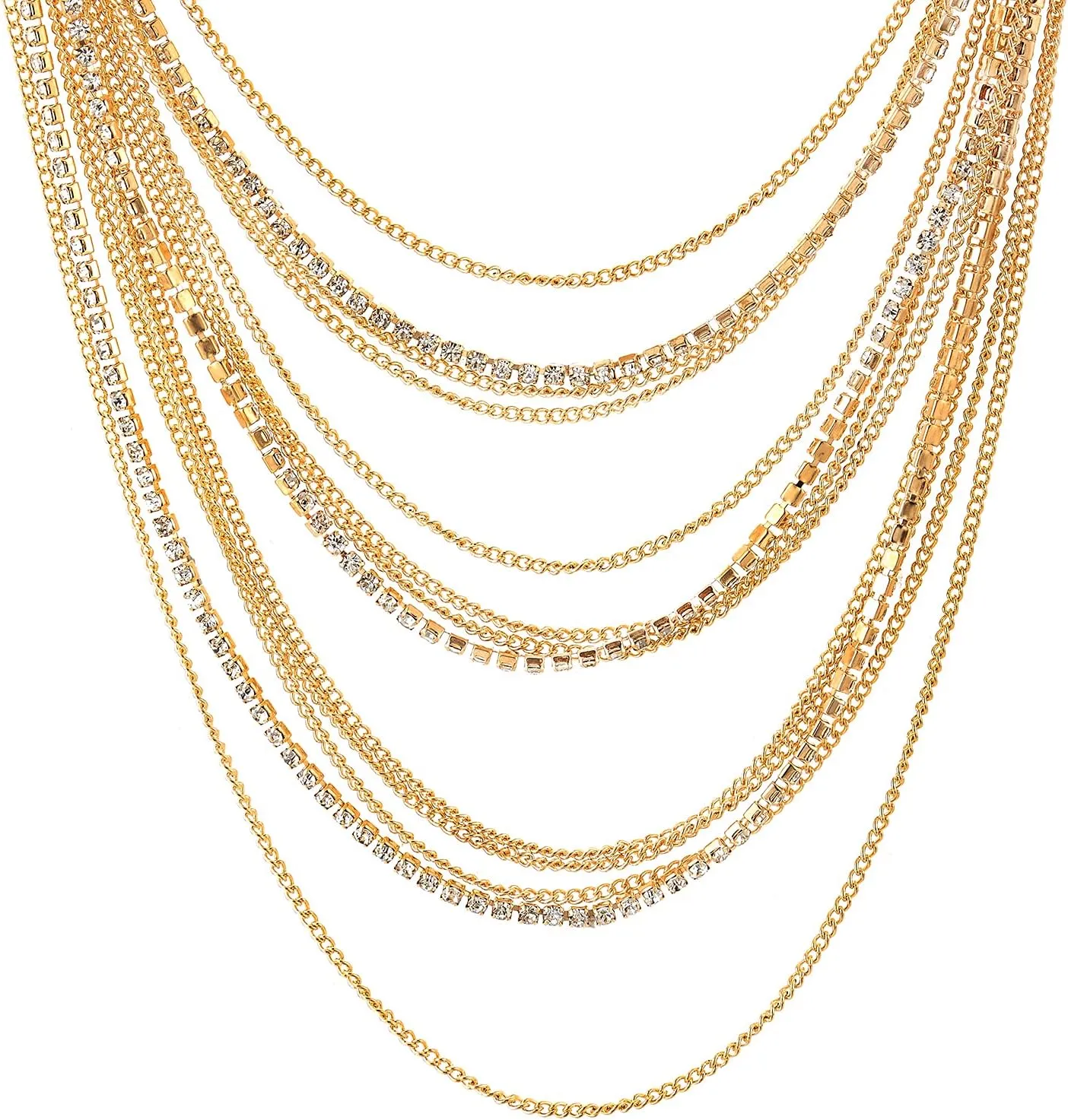 COOLSTEELANDBEYOND Waterfall Multi-Strand Chains Statement Collar Necklace with Rhinestones Chains, Dress