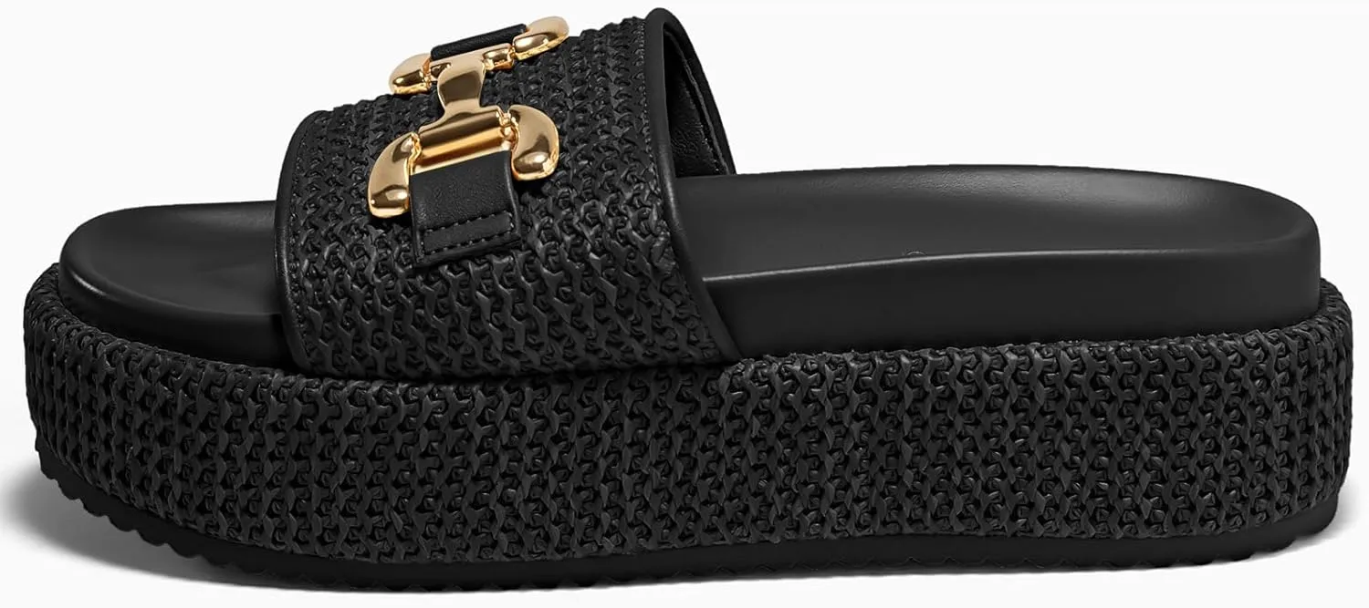 Coutgo Womens Platform Sandals Raffia Espadrilles Metal Chain Slip on Open Toe Cute Beach Slide Sandals