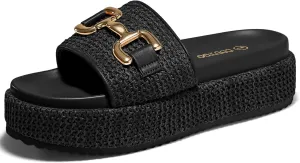 Coutgo Womens Platform Sandals Raffia Espadrilles Metal Chain Slip on Open Toe Cute Beach Slide Sandals