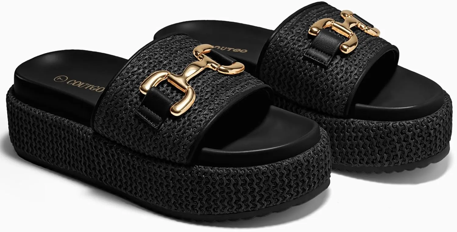Coutgo Womens Platform Sandals Raffia Espadrilles Metal Chain Slip on Open Toe Cute Beach Slide Sandals