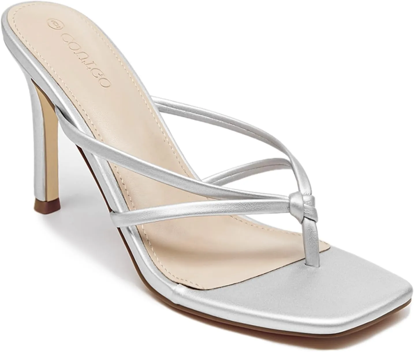 Coutgo Womens Strappy Heeded Sandals Square Toe Flip Flops Fashion Stiletto Thong Slip On Sandals