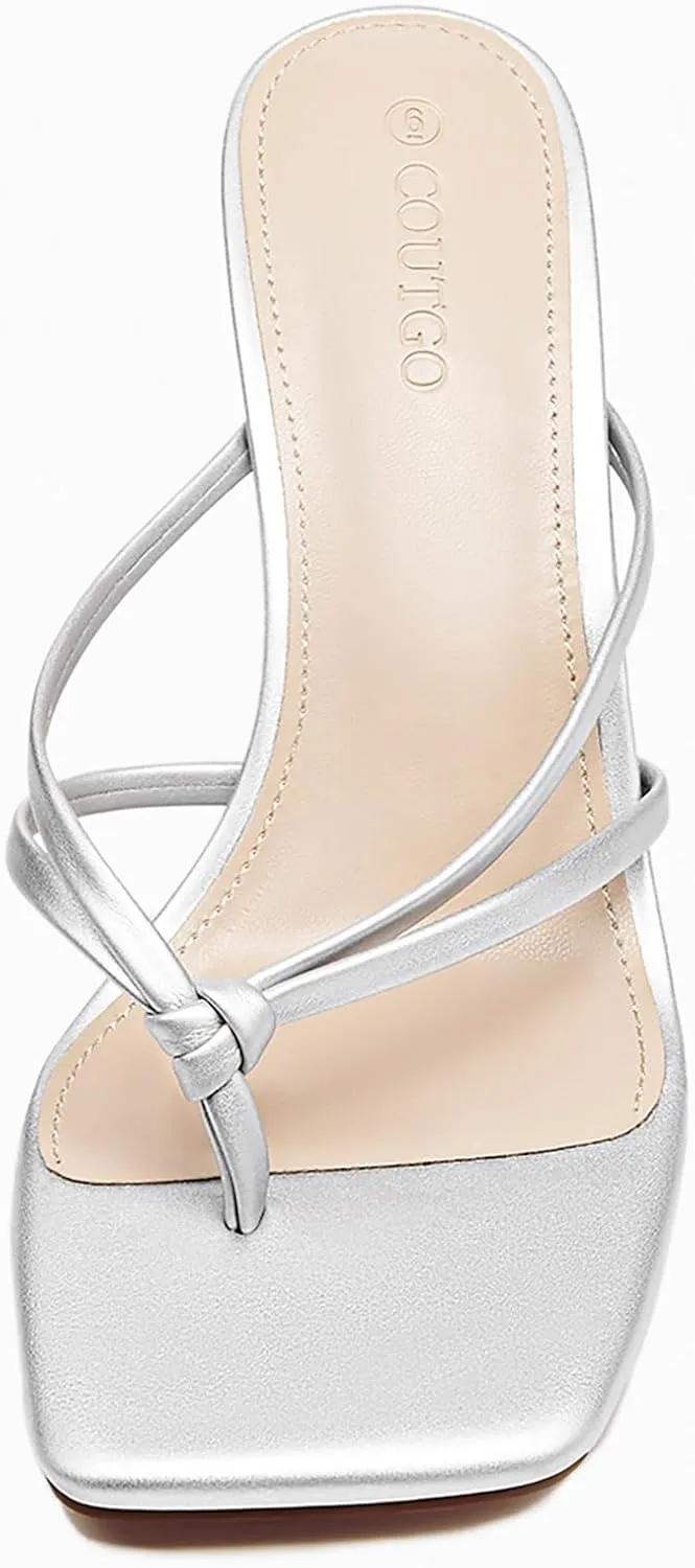 Coutgo Womens Strappy Heeded Sandals Square Toe Flip Flops Fashion Stiletto Thong Slip On Sandals