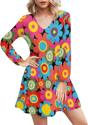 Cozeyat Women Casual Long Sleeve Dress Summer Autumn V-Neck A-Line Swing Midi Dress Surplice Dress Daily Wear