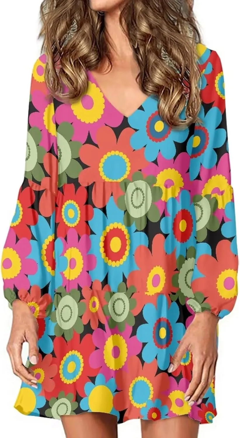 Cozeyat Women Casual Long Sleeve Dress Summer Autumn V-Neck A-Line Swing Midi Dress Surplice Dress Daily Wear