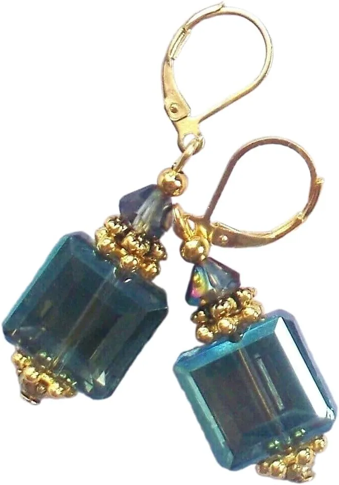 Crystal Drops Hand Moss Blue In Gold Plated Artisan Earrings Jewelry Handmade Dangle Leverback Vintage Crafted For Women