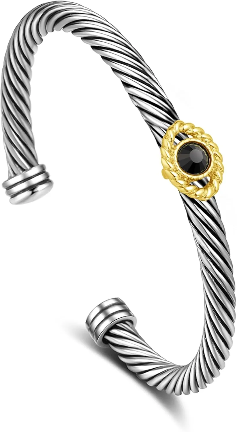 Cuff Bracelet for Women Evil Eye Bangle - Cable Twisted Bracelets Two Tone Bangle - Black Crystal Evil Eye Silver Designer Bracelets Jewelry Gifts