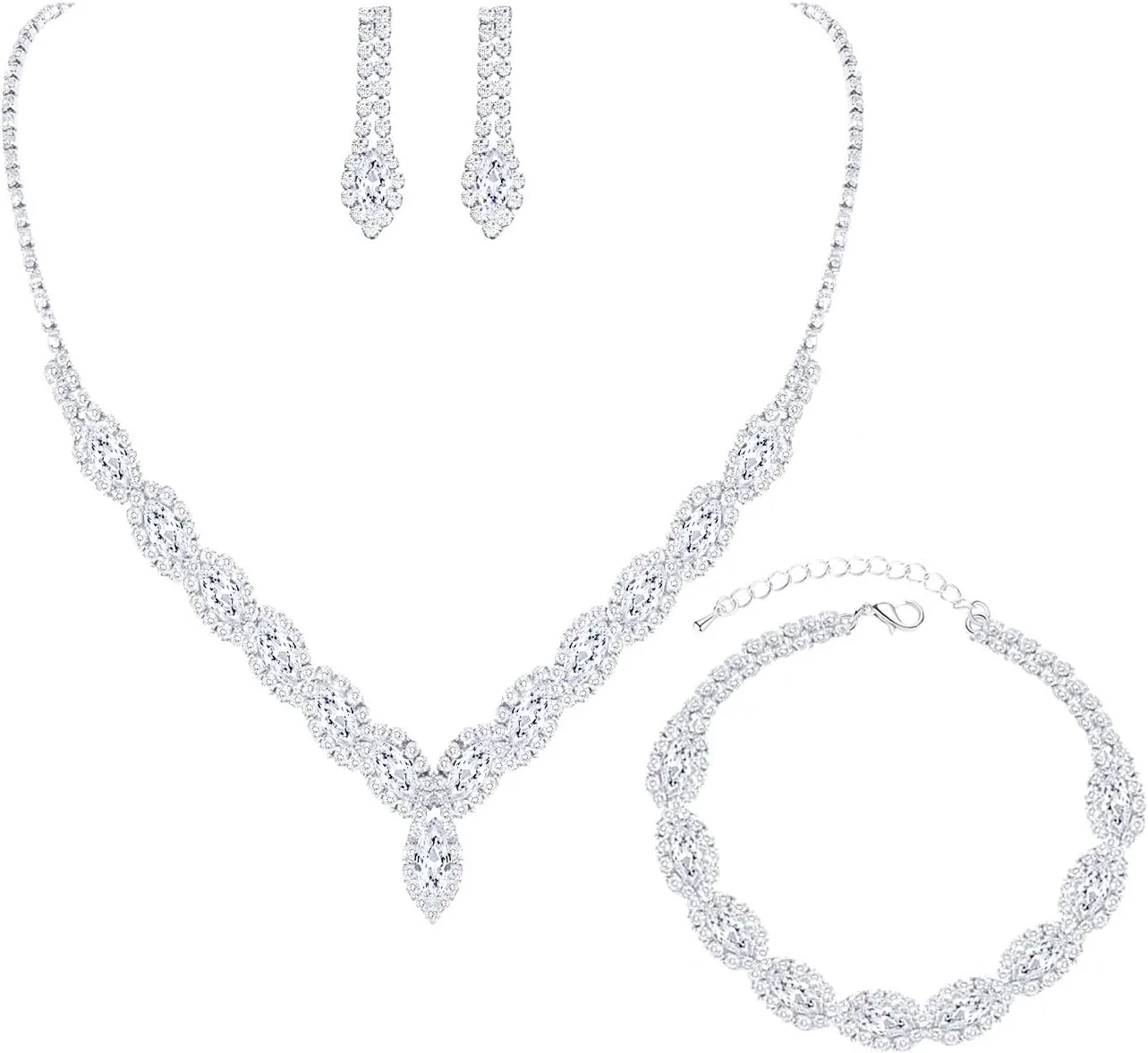 CZ Rhinestone Necklace Earrings Wedding Jewelry Set For Bride Bridesmaid Prom Evening Party Homecoming