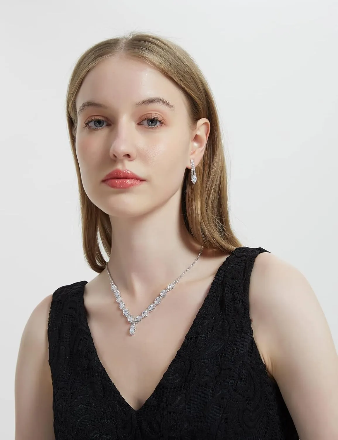 CZ Rhinestone Necklace Earrings Wedding Jewelry Set For Bride Bridesmaid Prom Evening Party Homecoming