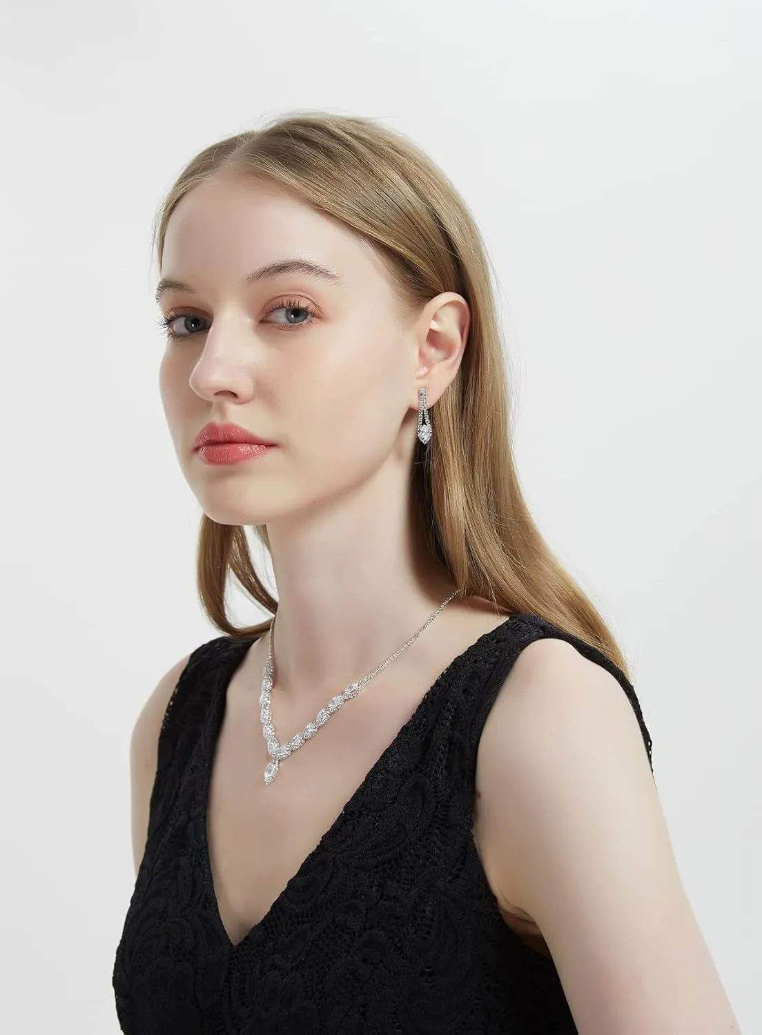 CZ Rhinestone Necklace Earrings Wedding Jewelry Set For Bride Bridesmaid Prom Evening Party Homecoming