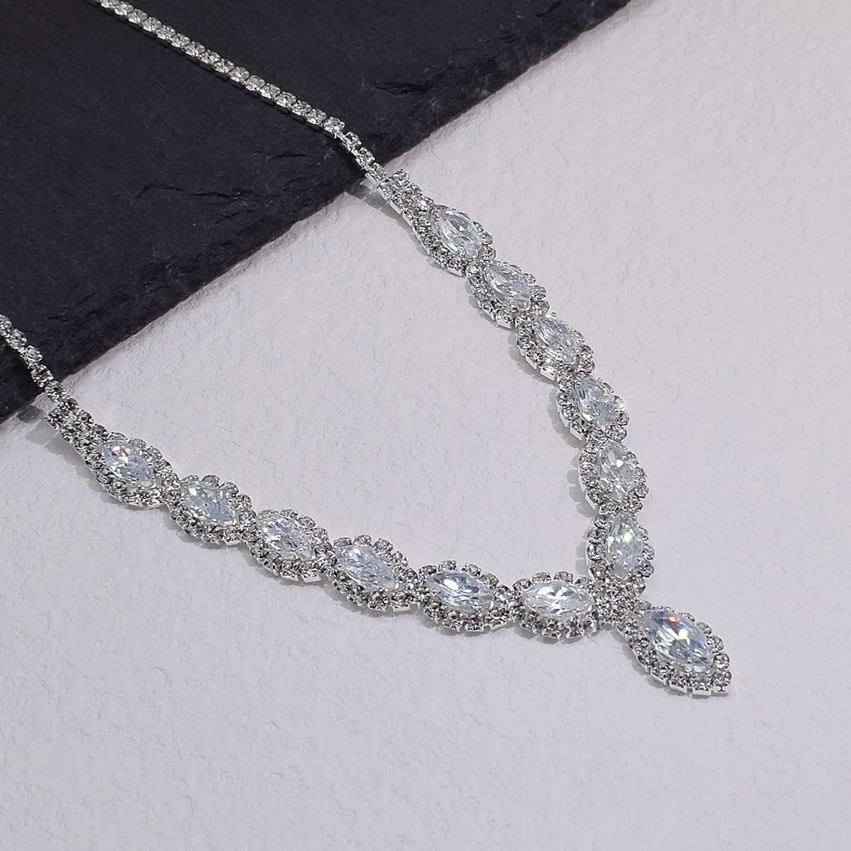 CZ Rhinestone Necklace Earrings Wedding Jewelry Set For Bride Bridesmaid Prom Evening Party Homecoming