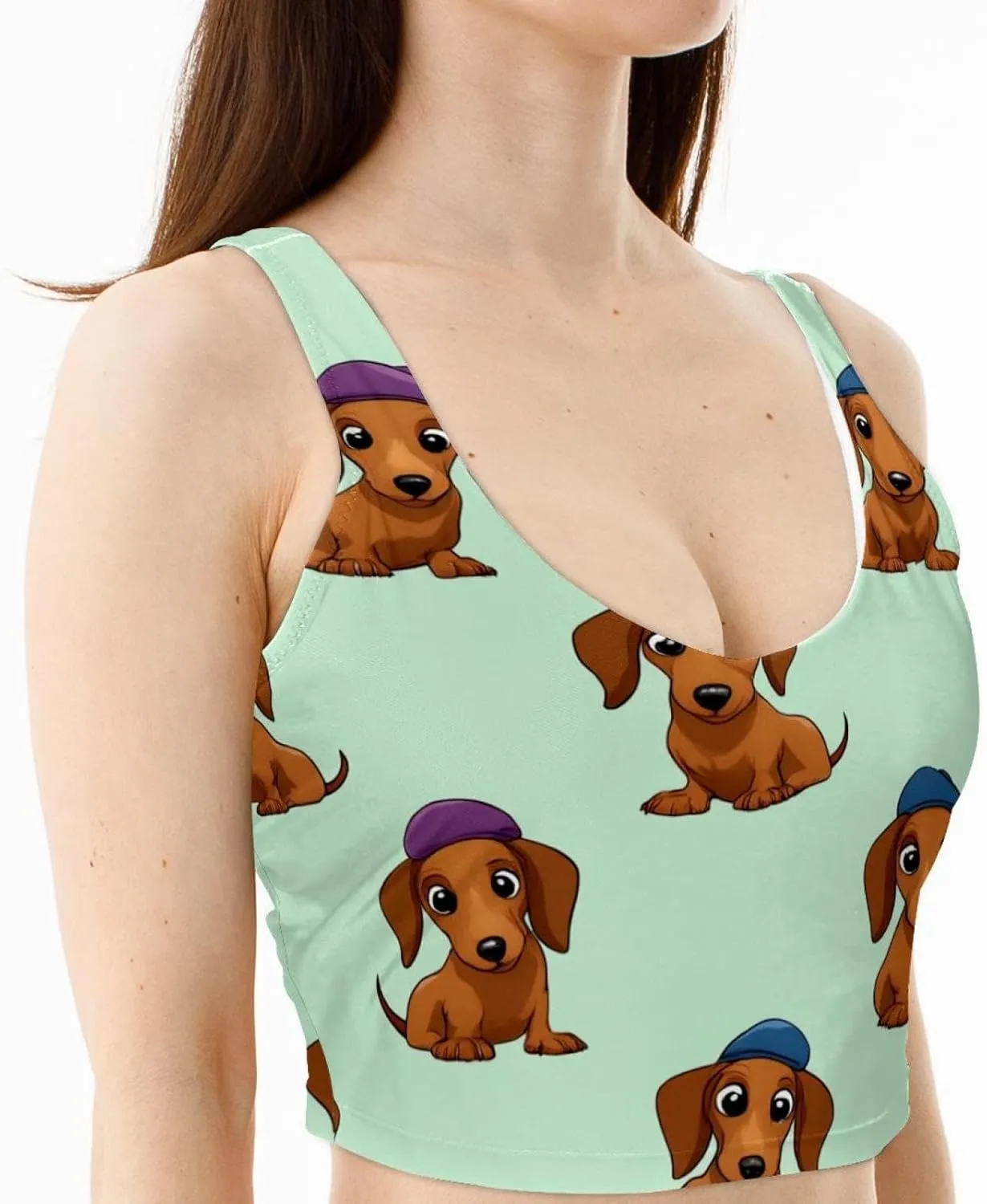 Dachshund Puppy Hats Womens' Sports Bra, U Back Padded Sports Bra for Yoga Gym