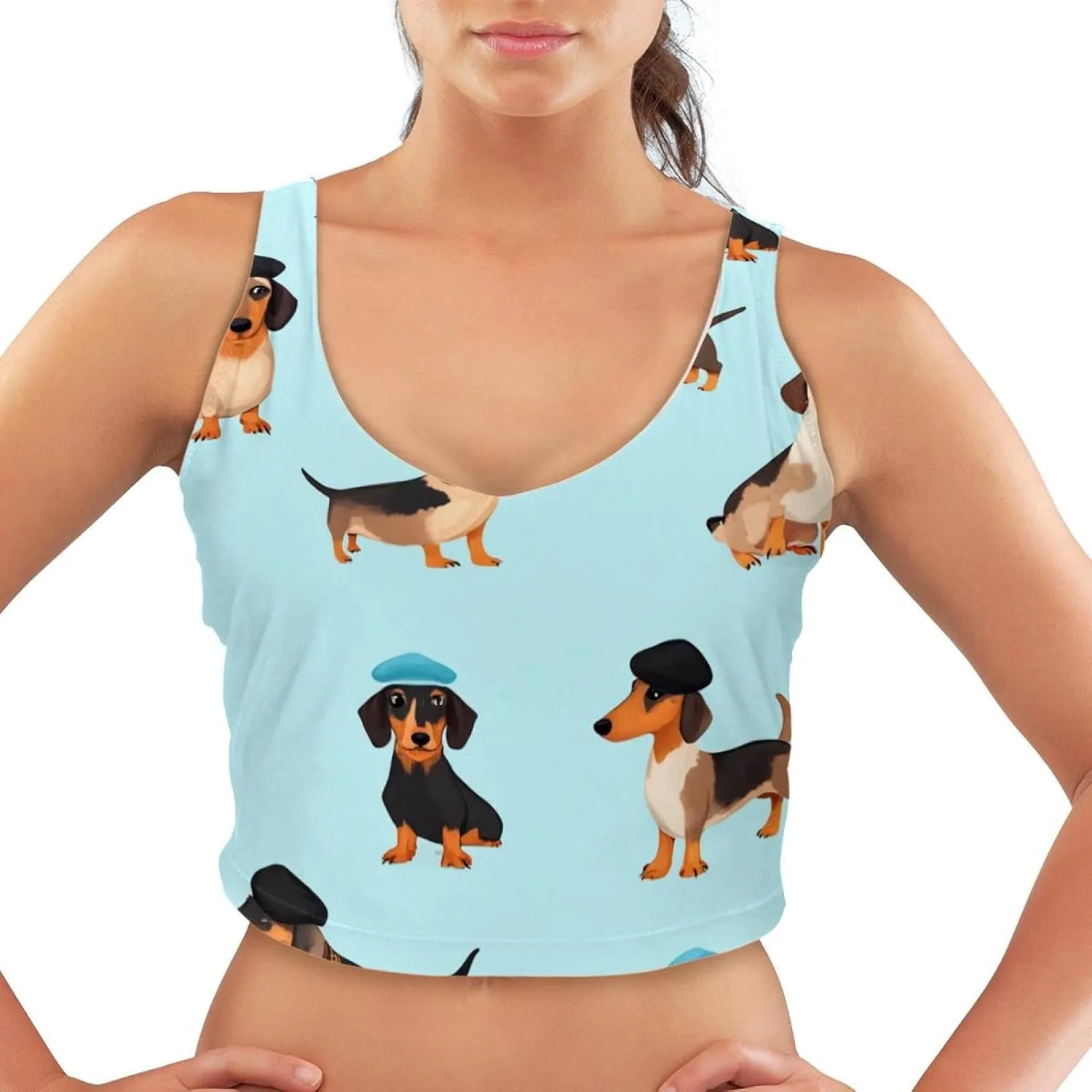 Dachshund Wear Hats Womens' Sports Bra, U Back Padded Sports Bra for Yoga Gym