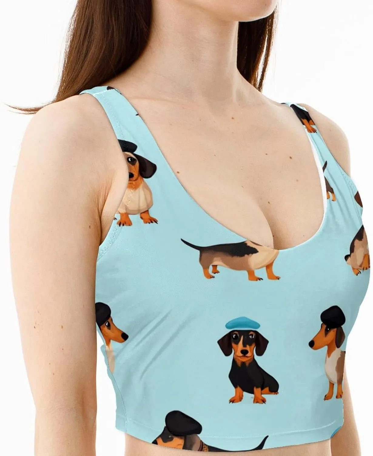 Dachshund Wear Hats Womens' Sports Bra, U Back Padded Sports Bra for Yoga Gym