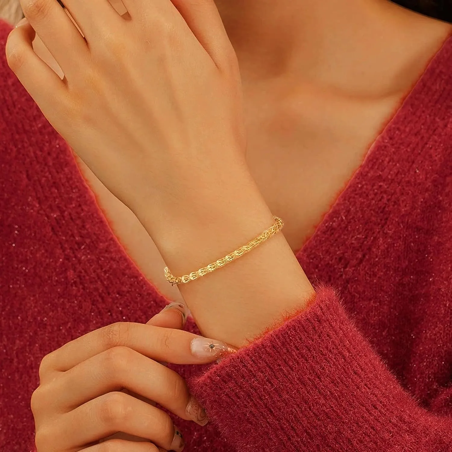 Dainty Shiny 925 Sterling Silver Bracelets for Women 14K Gold Plated Simple Twist Rope Chain Bracelet Minimalist Adjustable Link Charm Bracelet Jewelry Birthday Gifts for Mom