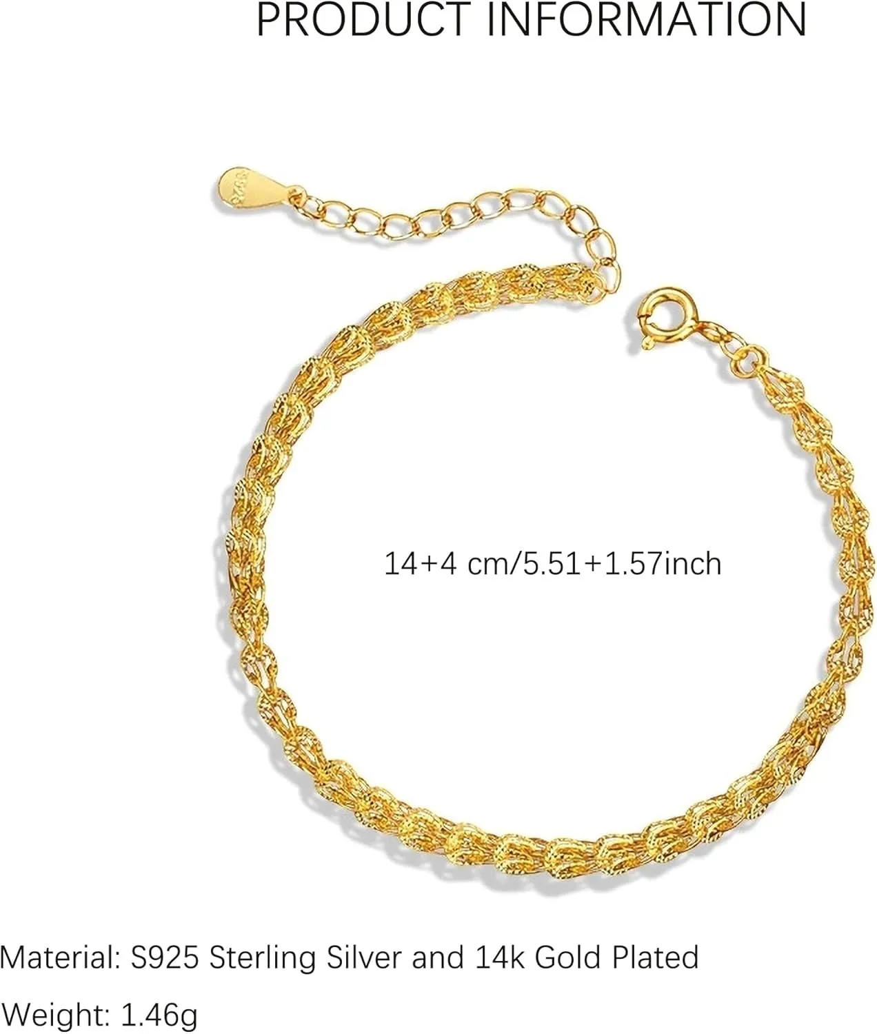 Dainty Shiny 925 Sterling Silver Bracelets for Women 14K Gold Plated Simple Twist Rope Chain Bracelet Minimalist Adjustable Link Charm Bracelet Jewelry Birthday Gifts for Mom