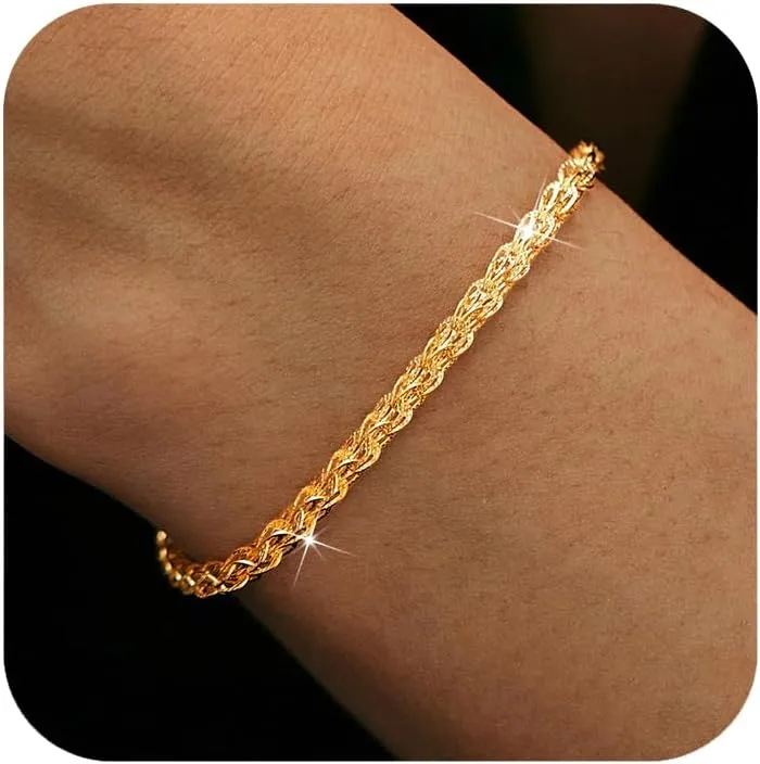 Dainty Shiny 925 Sterling Silver Bracelets for Women 14K Gold Plated Simple Twist Rope Chain Bracelet Minimalist Adjustable Link Charm Bracelet Jewelry Birthday Gifts for Mom