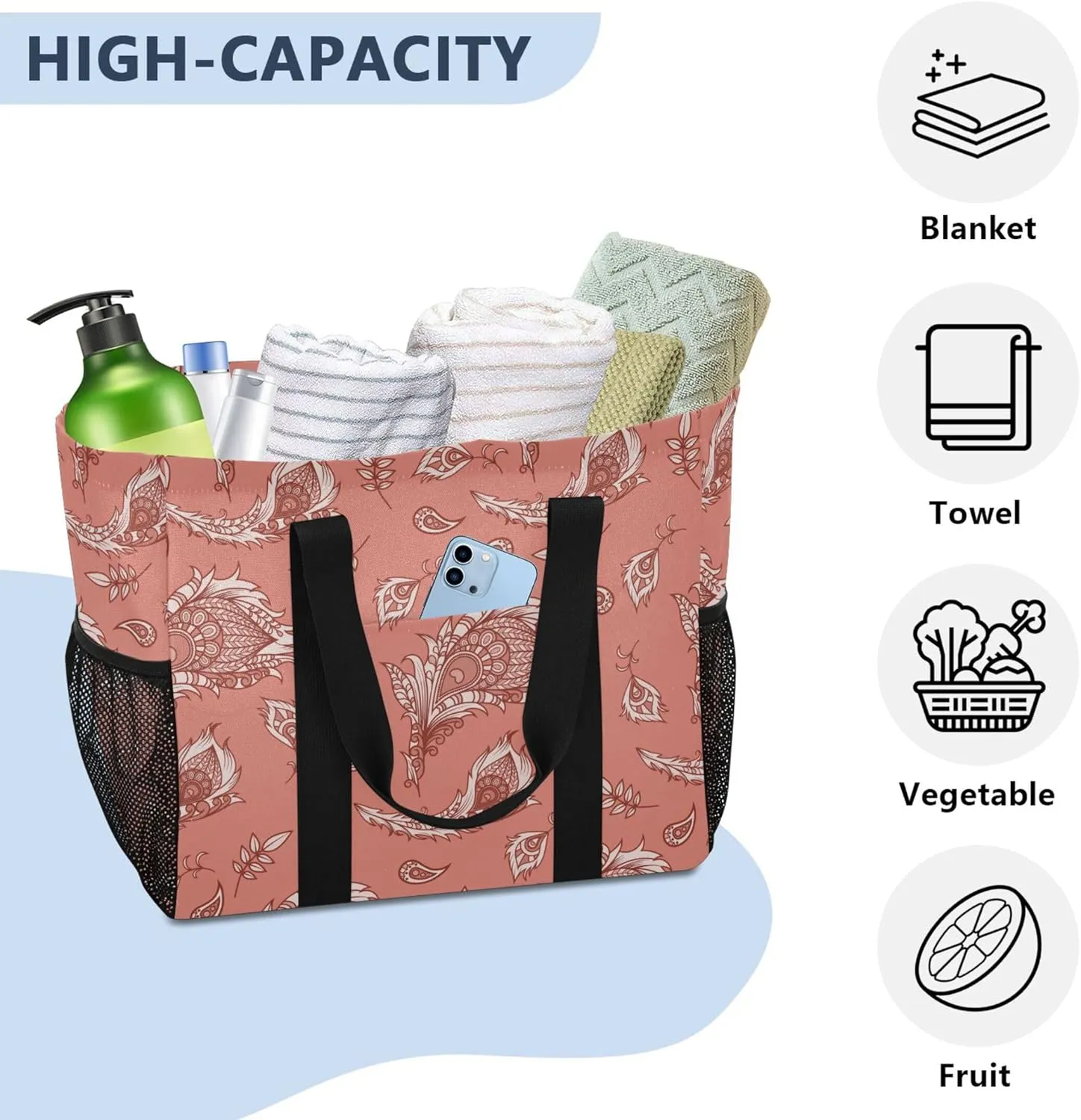 Daisy Floral Blue Reusable Grocery Bags, Foldable Canvas Tote Bag Waterproof Travel Beach Bag for Shopping Work Gym