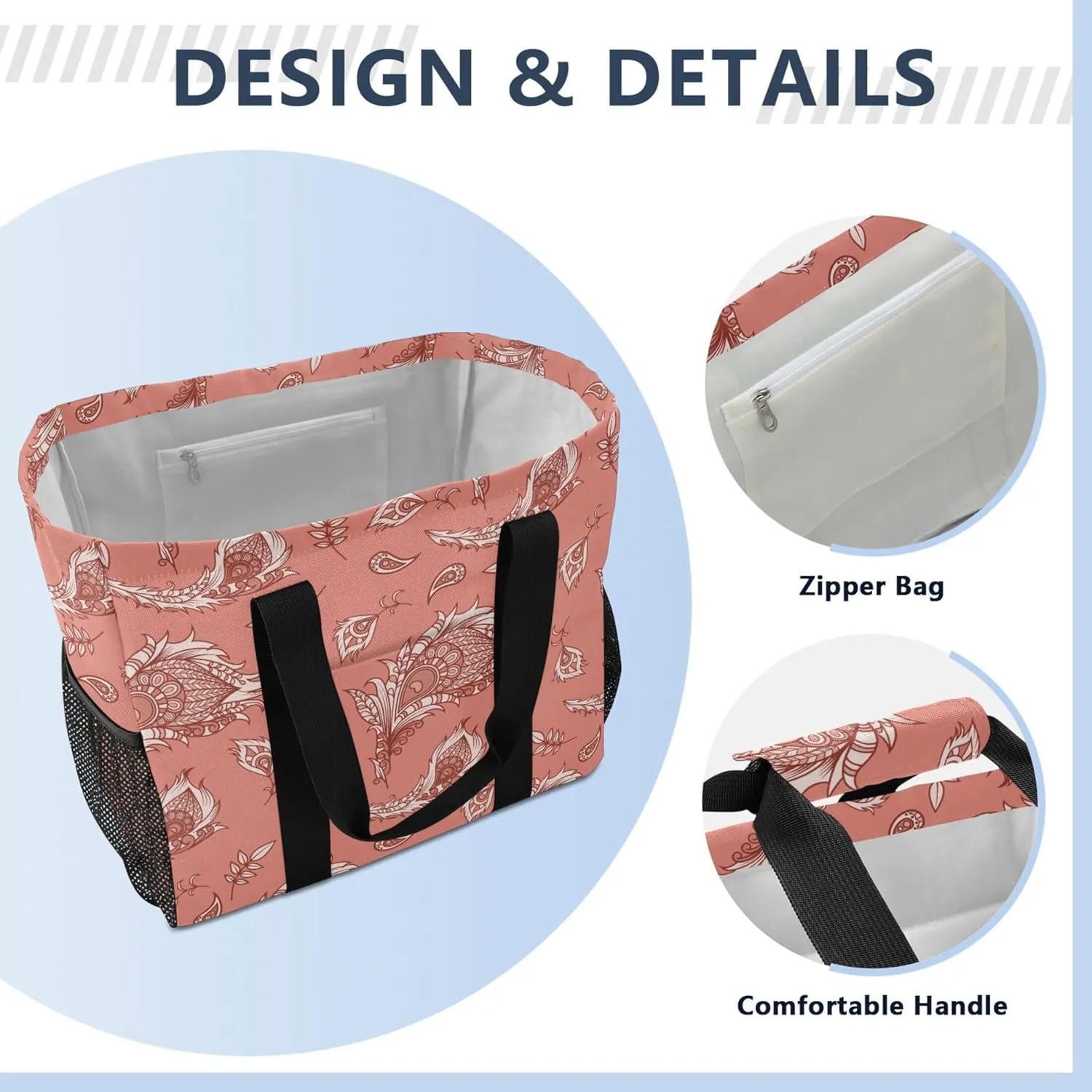 Daisy Floral Blue Reusable Grocery Bags, Foldable Canvas Tote Bag Waterproof Travel Beach Bag for Shopping Work Gym