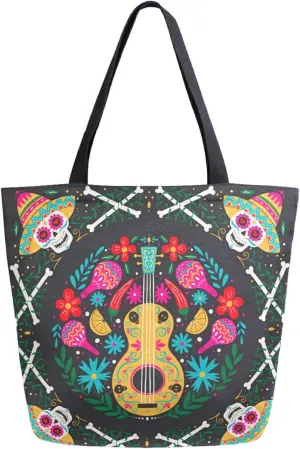 Day Of The Dead Mexico Sugar Skull Guitar Extra Large Canvas Shoulder Tote Top Handle Good Storage Bag for Gym Weekender Beach Travel Reusable Grocery Shopping