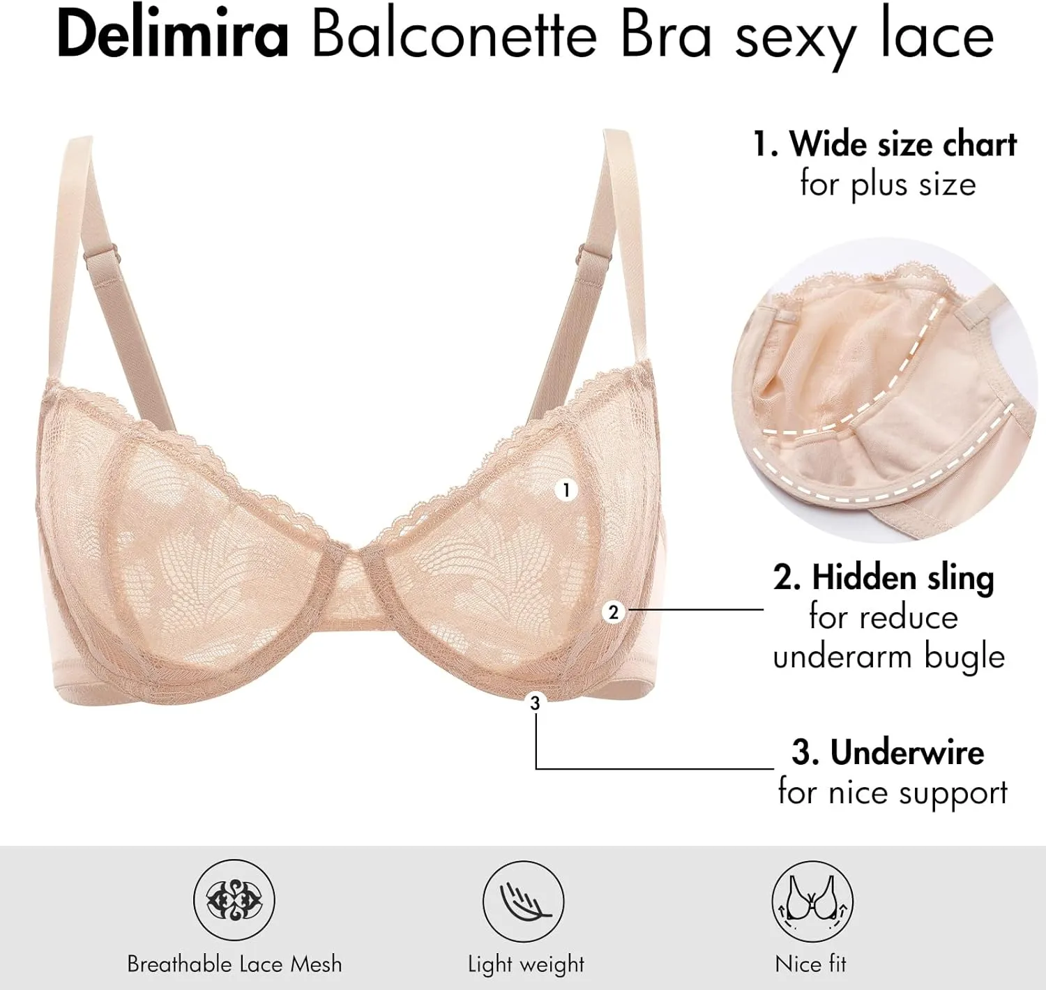 DELIMIRA Women's Balconette Bra Plus Size Lace Sexy Underwire Unlined Push Up See Through Bras