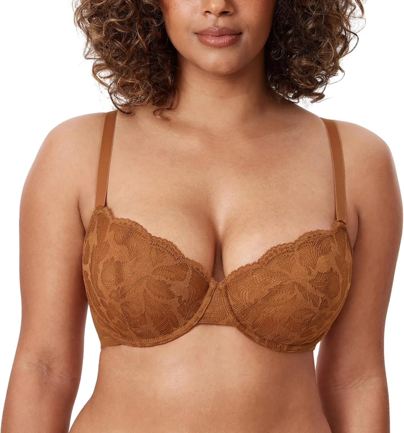 DELIMIRA Women's Balconette Bra Plus Size Lace Sexy Underwire Unlined Push Up See Through Bras
