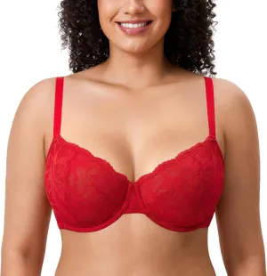 DELIMIRA Women's Balconette Bra Plus Size Lace Sexy Underwire Unlined Push Up See Through Bras