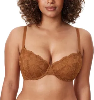 DELIMIRA Women's Balconette Bra Plus Size Lace Sexy Underwire Unlined Push Up See Through Bras