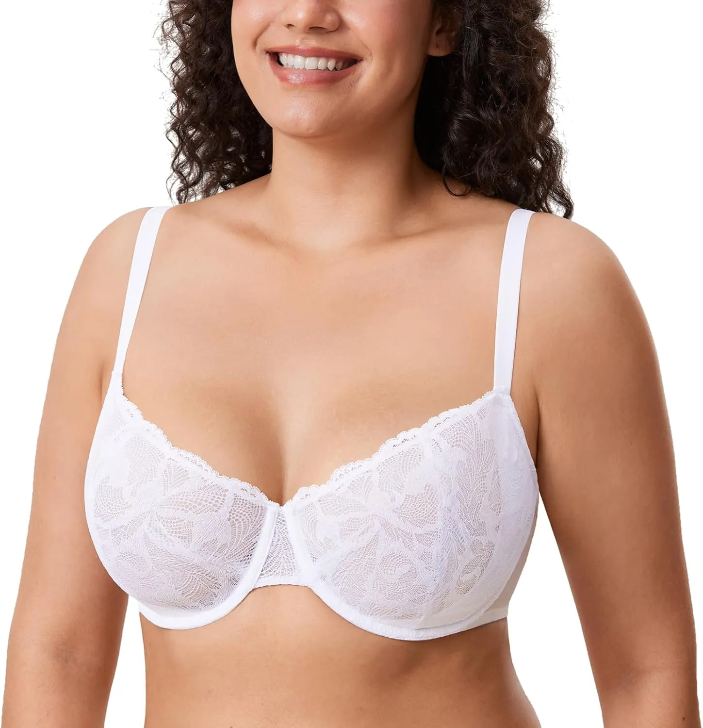 DELIMIRA Women's Balconette Bra Plus Size Lace Sexy Underwire Unlined Push Up See Through Bras