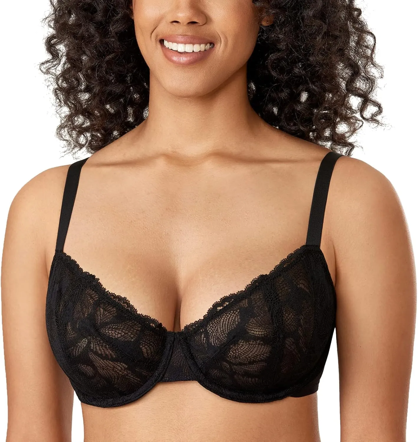 DELIMIRA Women's Balconette Bra Plus Size Lace Sexy Underwire Unlined Push Up See Through Bras