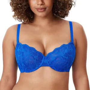 DELIMIRA Women's Balconette Bra Plus Size Lace Sexy Underwire Unlined Push Up See Through Bras