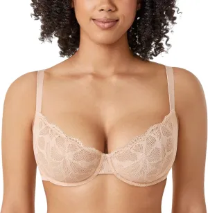 DELIMIRA Women's Balconette Bra Plus Size Lace Sexy Underwire Unlined Push Up See Through Bras