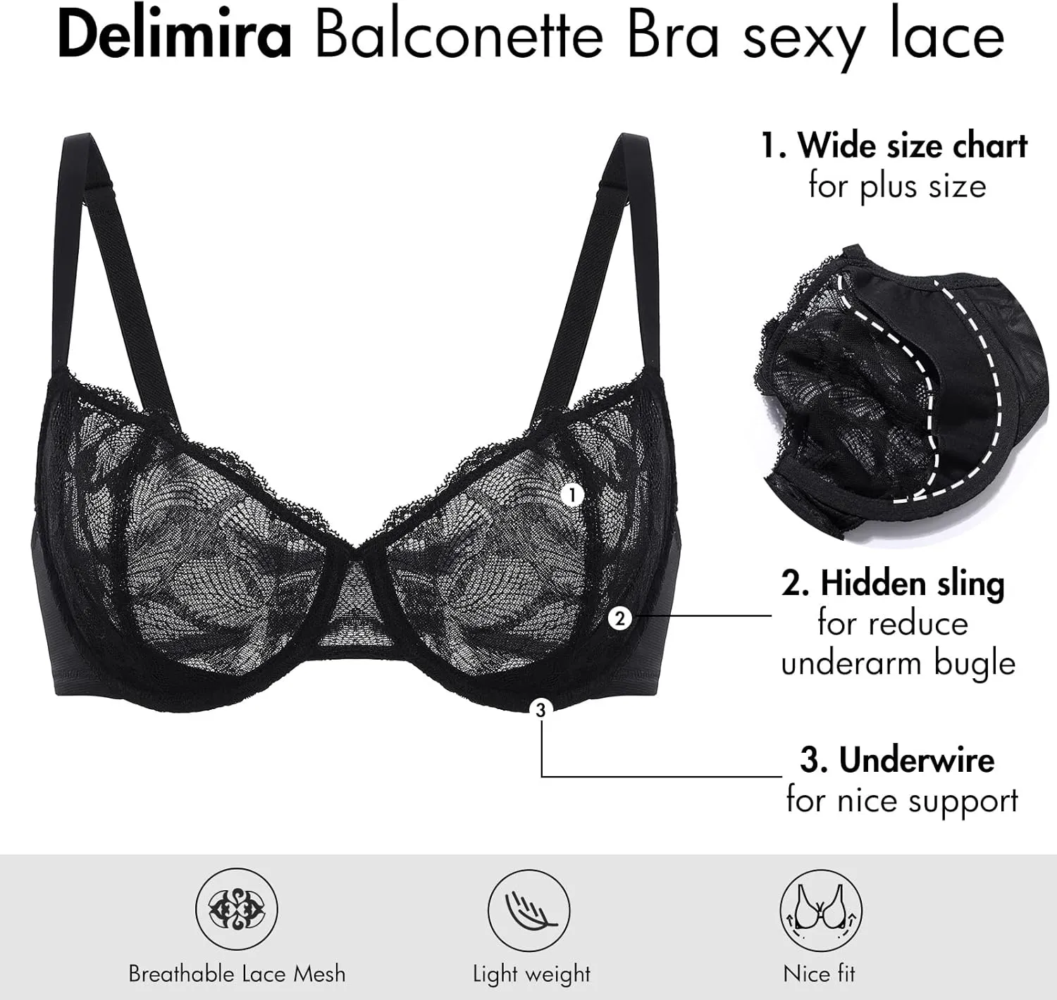 DELIMIRA Women's Balconette Bra Plus Size Lace Sexy Underwire Unlined Push Up See Through Bras